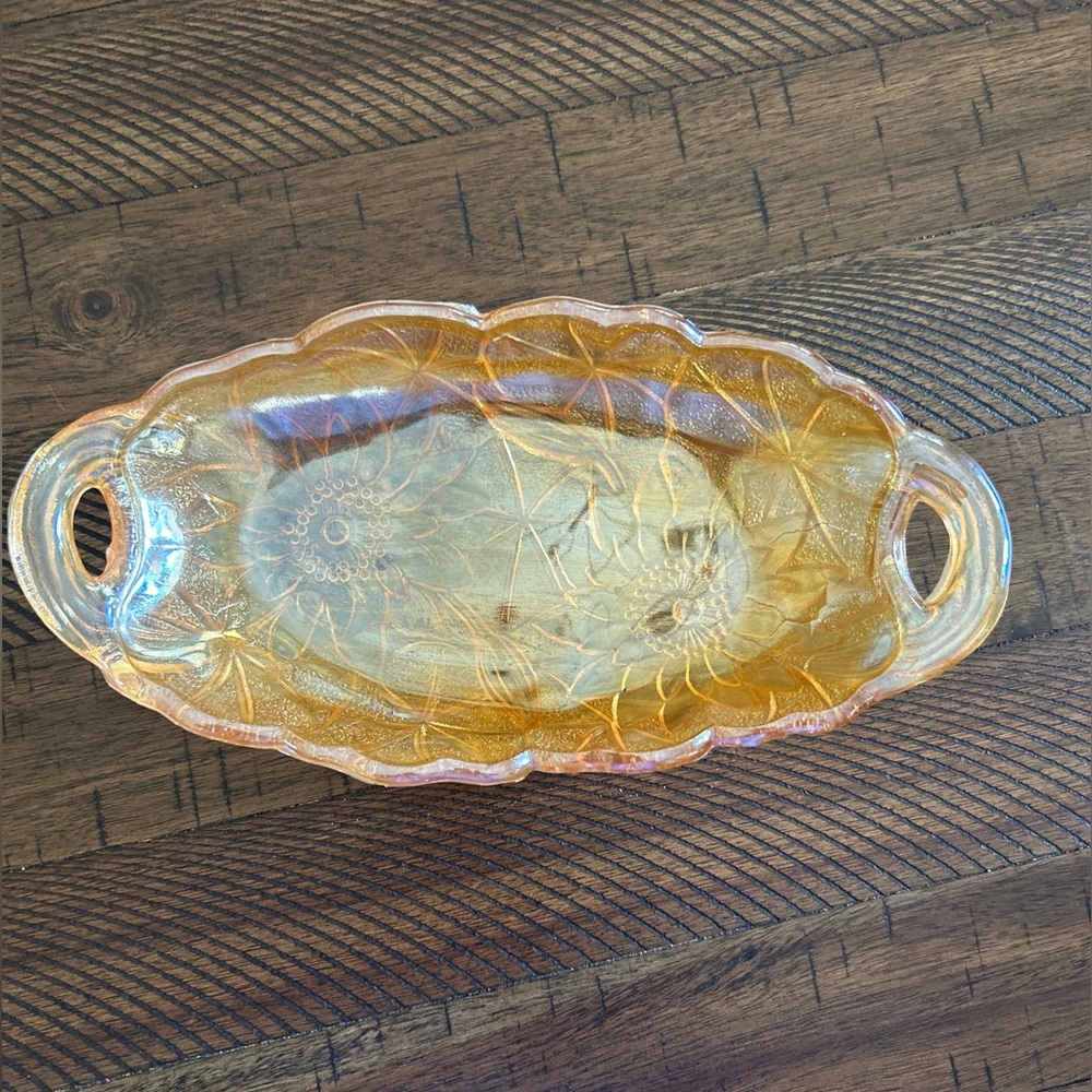 Vintage Oval Indiana Carnival Glass Candy Dish Amber gold Sunflower  9.5"